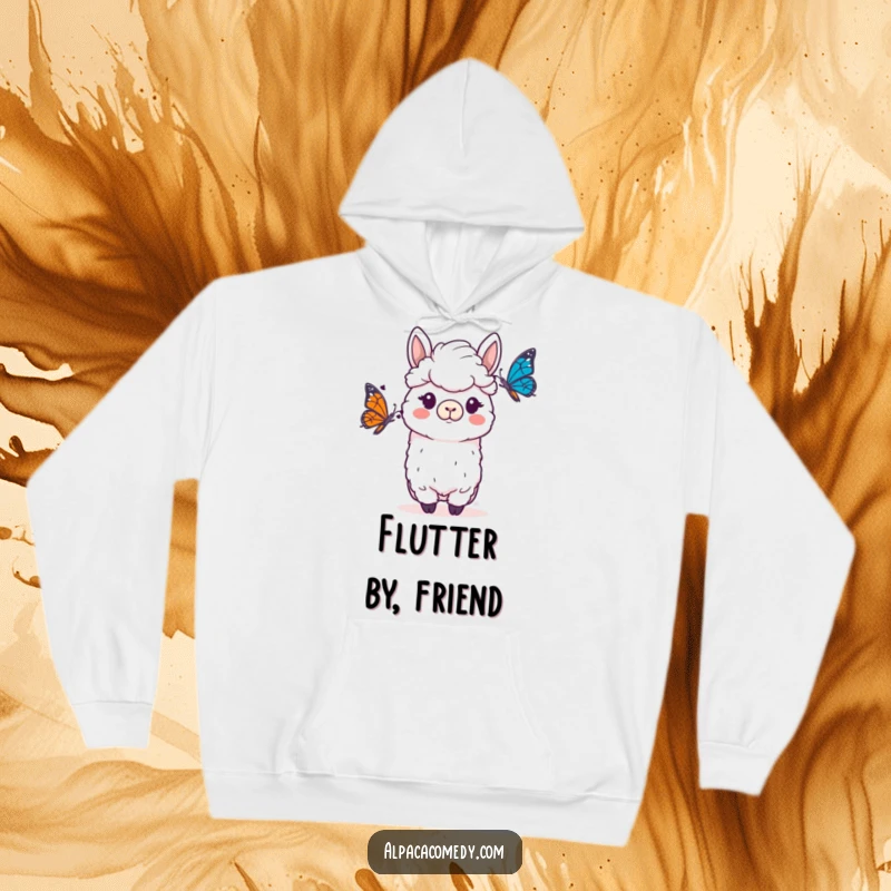 Funny Alpaca Hoodie: A cozy alpaca with a funny, startled look, reacting to a fluttering butterfly.