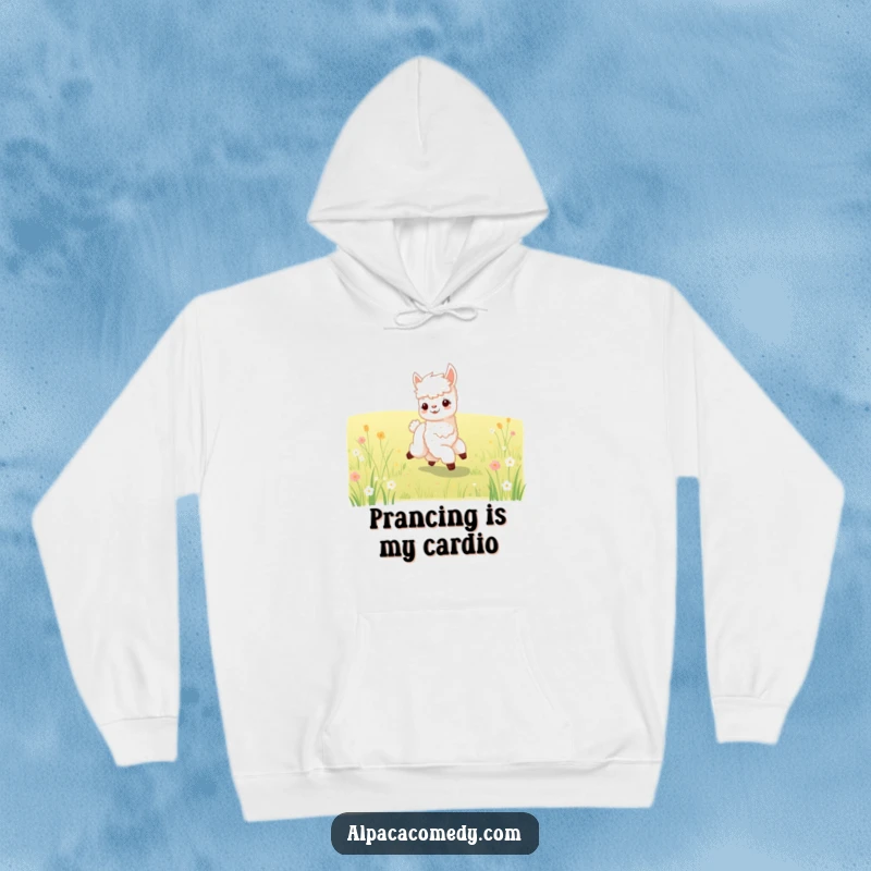 Funny hoodie featuring a happy baby alpaca prancing through a meadow, offering warmth and adorable, humorous cheer.