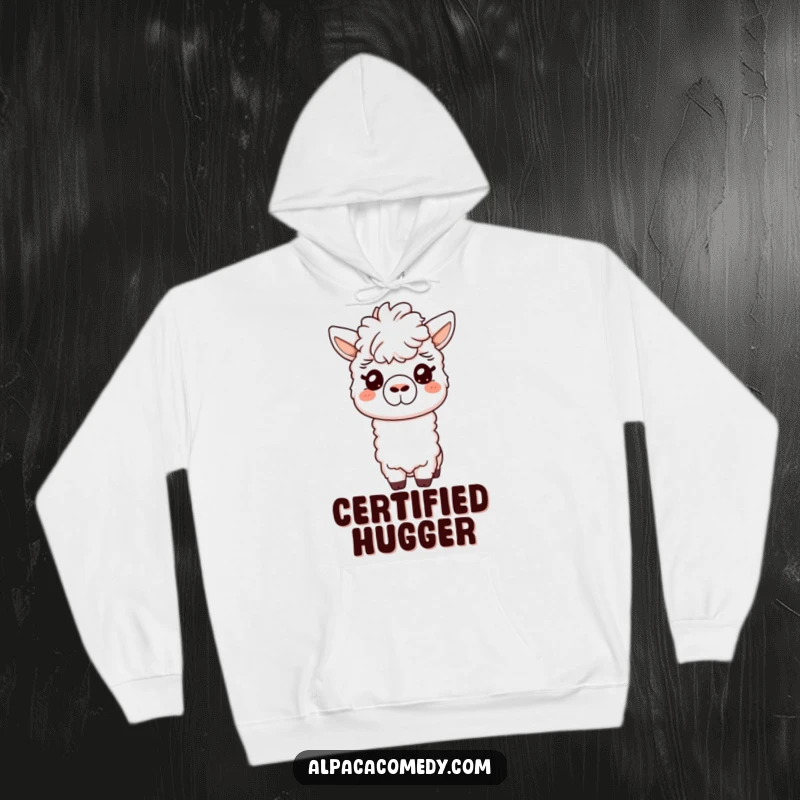 Funny hoodie depicting a friendly alpaca giving a soft, gentle nuzzle with its snout, designed for maximum comfort and warmth.