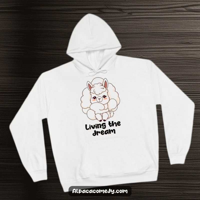 Funny Kawaii alpaca hoodie, nuzzling a giant fluffy cloud, gentle expression conveying peace and comfort, ideal for relaxation.