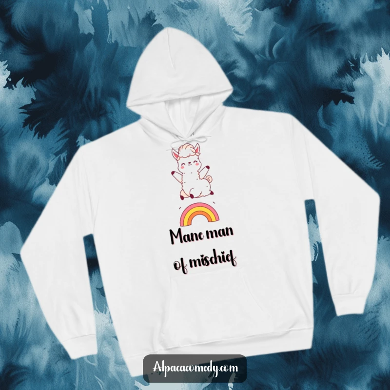 Funny Kawaii alpaca hoodie, depicted leaping over a rainbow with a fluffy mane, offering warmth and a dose of whimsical cheer.