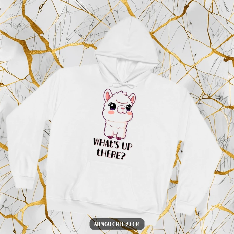 Funny Kawaii Alpaca Hoodie displaying an alpaca with a curious expression gazing upwards, offering warmth and style.