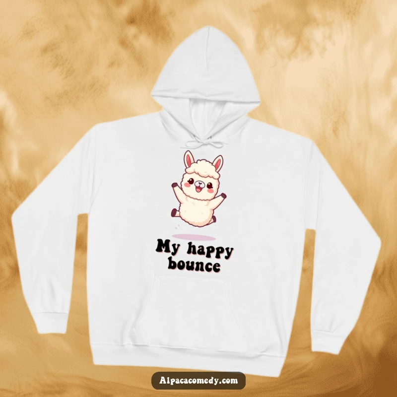 Funny Kawaii Alpaca Hoodie displaying an alpaca joyfully leaping with soft, woolly legs, offering warmth and playful style.