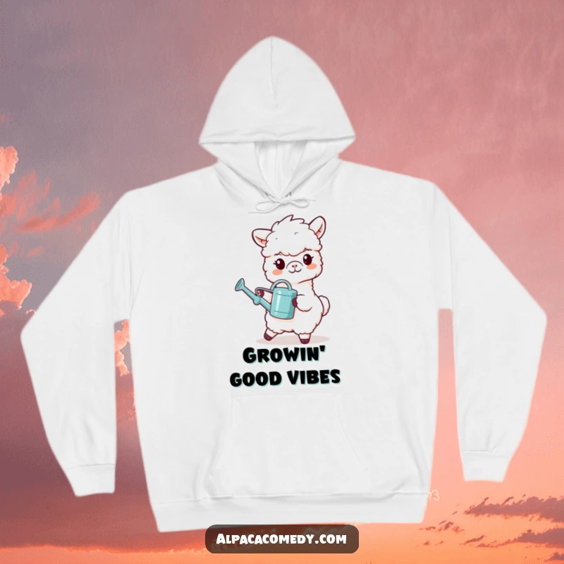 Funny hoodie showing an alpaca character grinning while carrying a tiny watering can, ready to nurture and bring life.