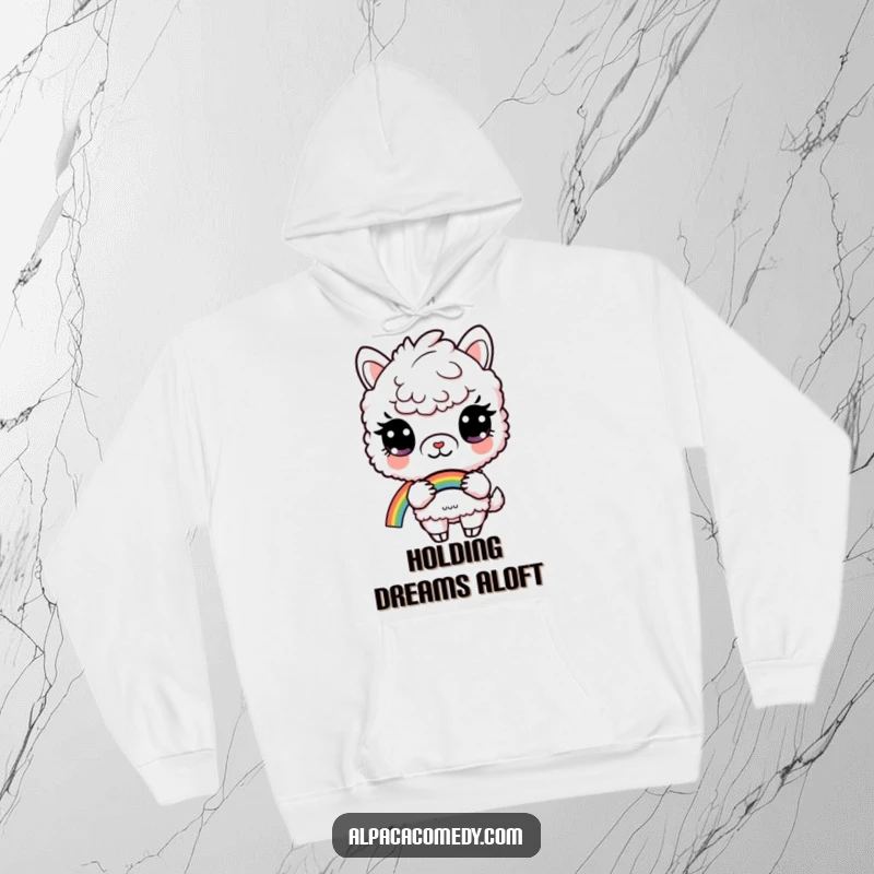 Funny hoodie featuring a curious alpaca holding a vibrant rainbow, offering cozy comfort and a touch of magical humor.
