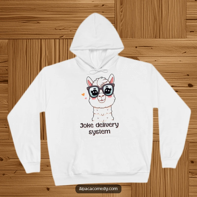 Funny Alpaca Hoodie: An alpaca in oversized comedy glasses winks playfully while telling a joke, offering cozy and humorous warmth.