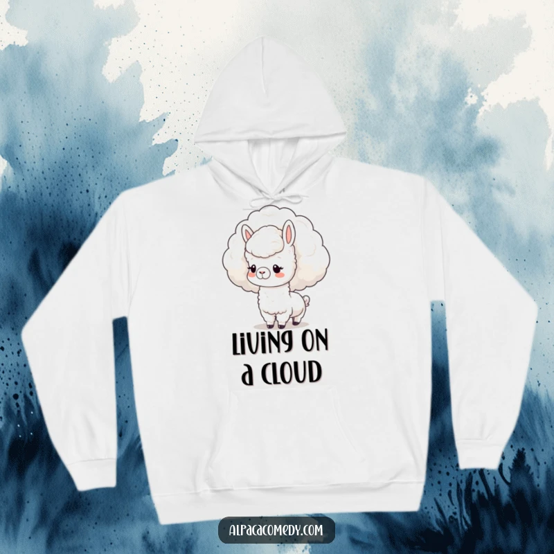 Funny Hoodie: Cute kawaii alpaca with a gentle expression, nuzzling a soft cloud, offering heavenly comfort and charm.