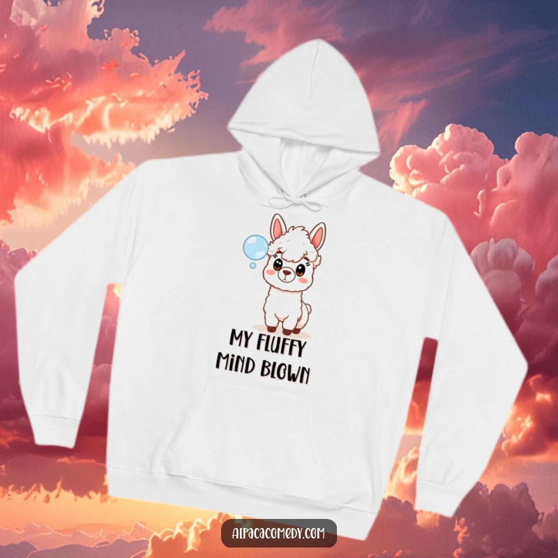 Funny hoodie depicting a surprised alpaca staring in disbelief at a delicate, shimmering soap bubble, ideal for cozy humor.