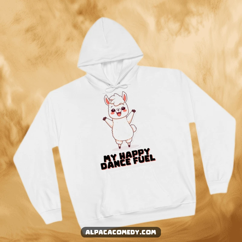 Funny hoodie featuring a happy alpaca character joyfully dancing, its fluffy mane in the air, exuding warmth and happiness.