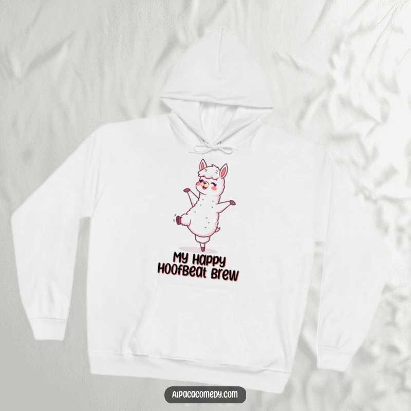 Funny hoodie design showing a happy alpaca character cheerfully dancing, hooves in motion, spreading infectious joy and a festive mood.