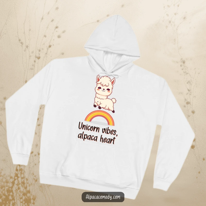 Funny Hoodie: Snug kawaii alpaca with mane flying, joyfully leaping over a colorful rainbow, promoting warm and fuzzy feelings.