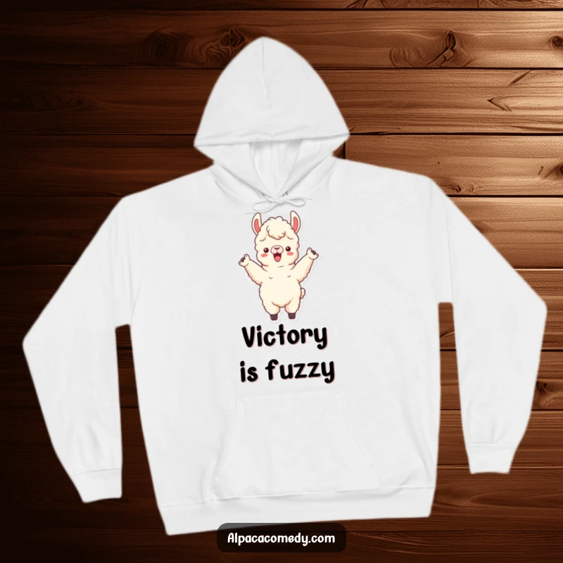 Funny hoodie depicting an alpaca character enthusiastically cheering with both front legs raised, radiating excitement and team spirit.