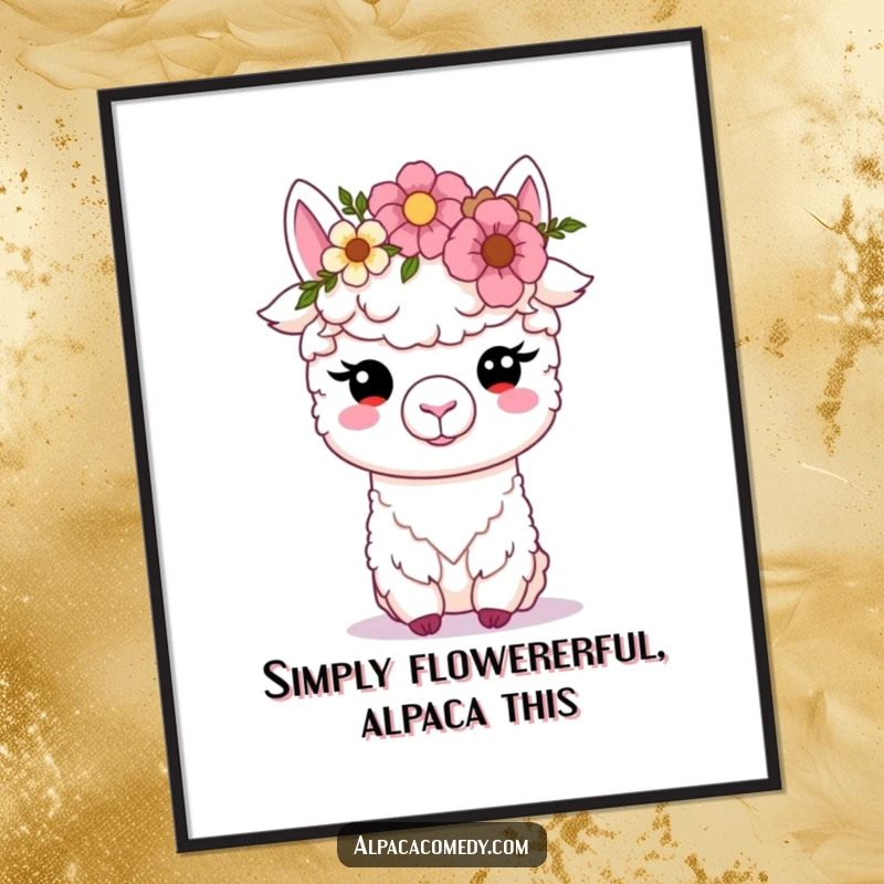 Free Printable Wall Art: Kawaii alpaca with soft eyes, happily balancing a lush flower crown on its head, serene and cute.