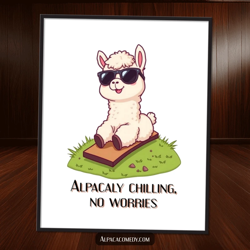 Funny Free Printable Alpaca Wall Art: Alpaca character in sunglasses sliding down a grassy hill, radiating cool, downloadable art.