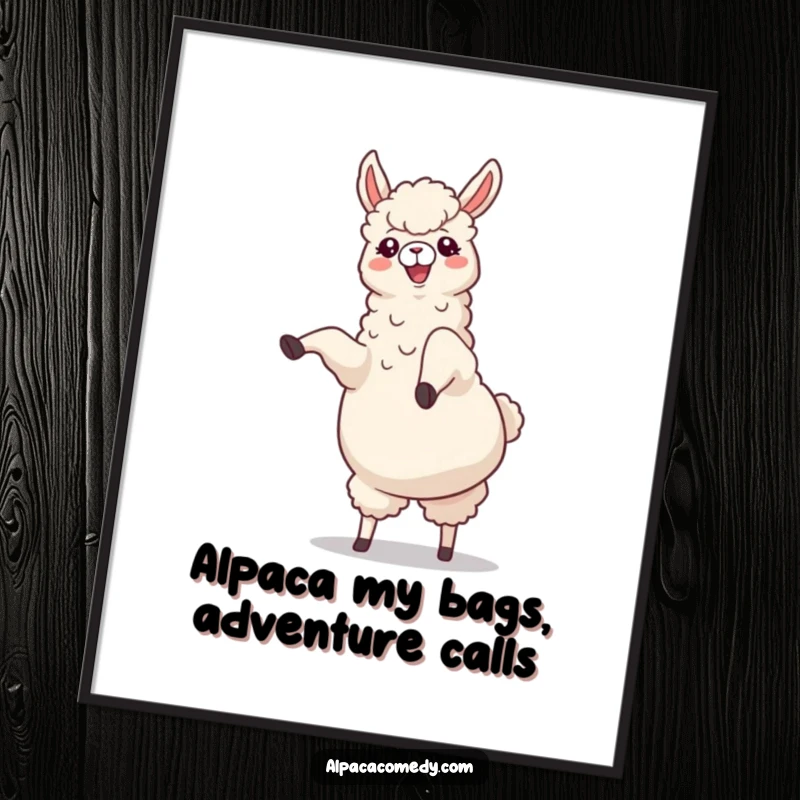Funny Free Printable Wall Art of a cheerful alpaca doing a cartwheel with legs kicking joyfully upwards, full of energy.
