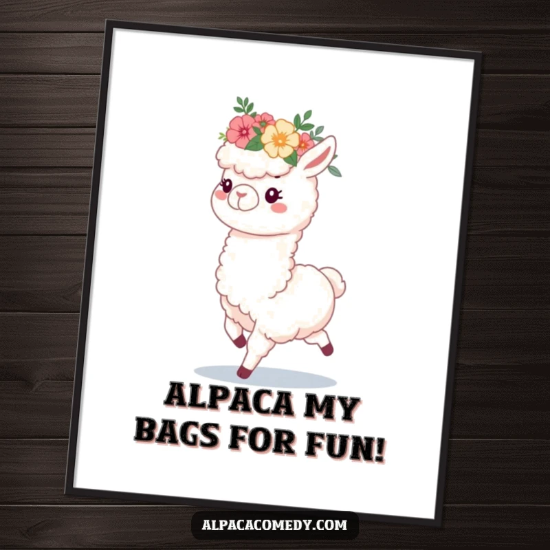 Funny Free Printable Alpaca Wall Art: Fluffy alpaca in flower crown prancing happily, a cheerful addition to any wall, downloadable art.