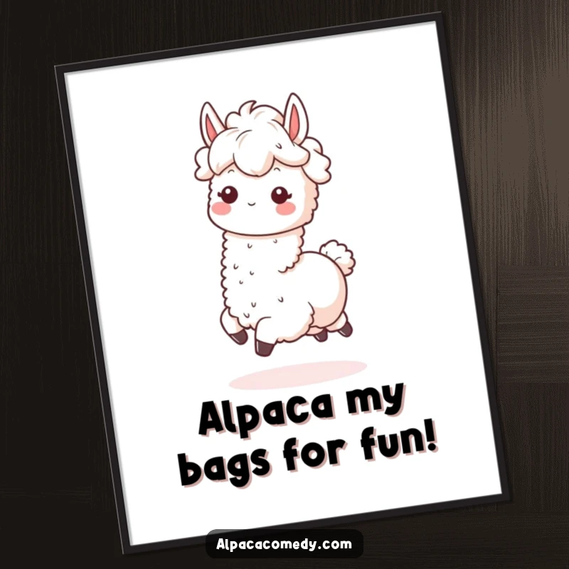 Funny Free Printable Wall Art of a joyful kawaii alpaca prancing energetically with a fluffy mane, perfect for colorful decor.
