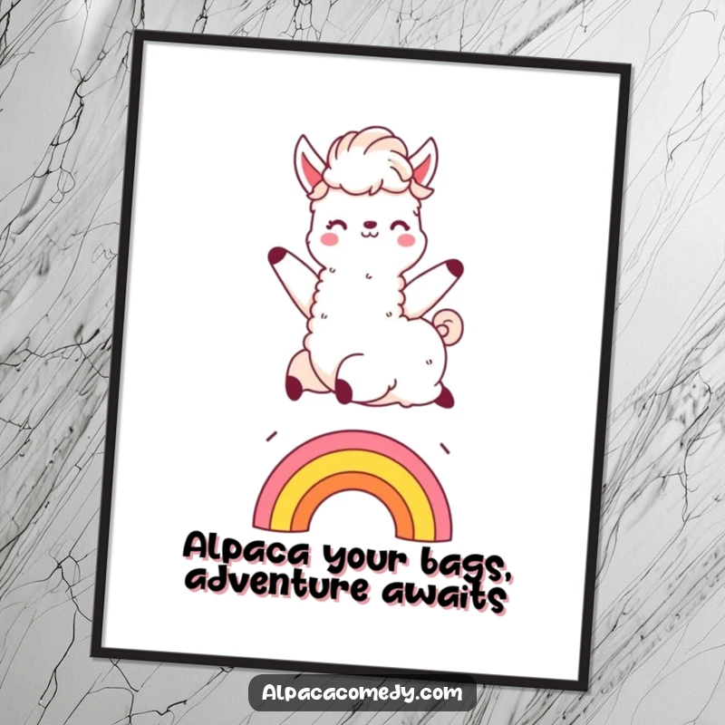 Funny Free Printable Wall Art: Kawaii alpaca in a gleeful leap over a small rainbow, fluffy mane flying, cheerful art.