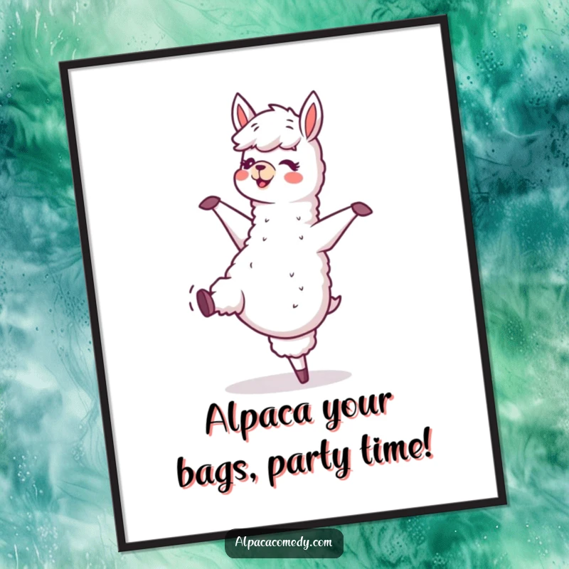 Funny Free Printable Wall Art: Energetic alpaca mid-dance, legs kicking joyfully, a vibrant and humorous piece of downloadable art for any room.