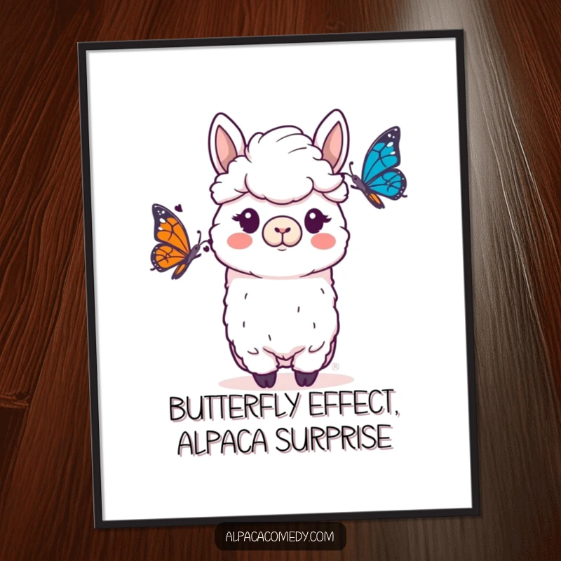 Funny Free Printable Wall Art: An alpaca caught in a moment of comical surprise by a fluttering butterfly, perfect for humorous decor.
