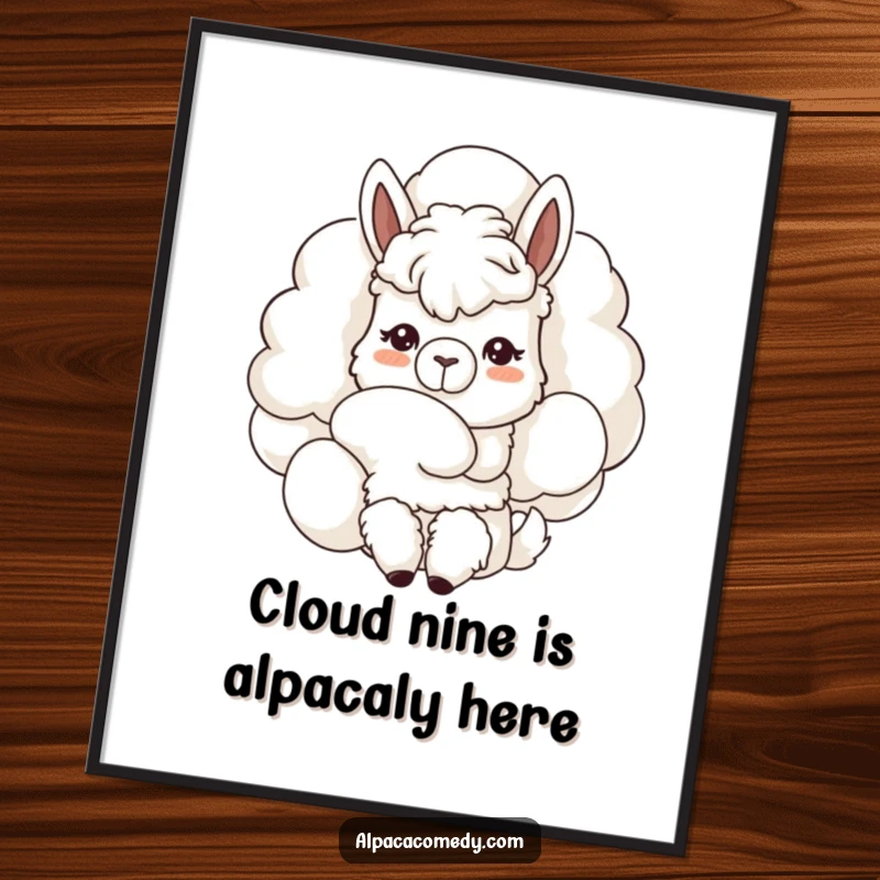 Free Printable Wall Art: Kawaii alpaca with a gentle expression curiously nuzzling a giant, soft, fluffy cloud, serene and artistic.