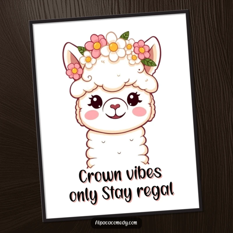 Funny Free Printable Wall Art: Kawaii alpaca wearing a charming flower crown, soft, endearing eyes.