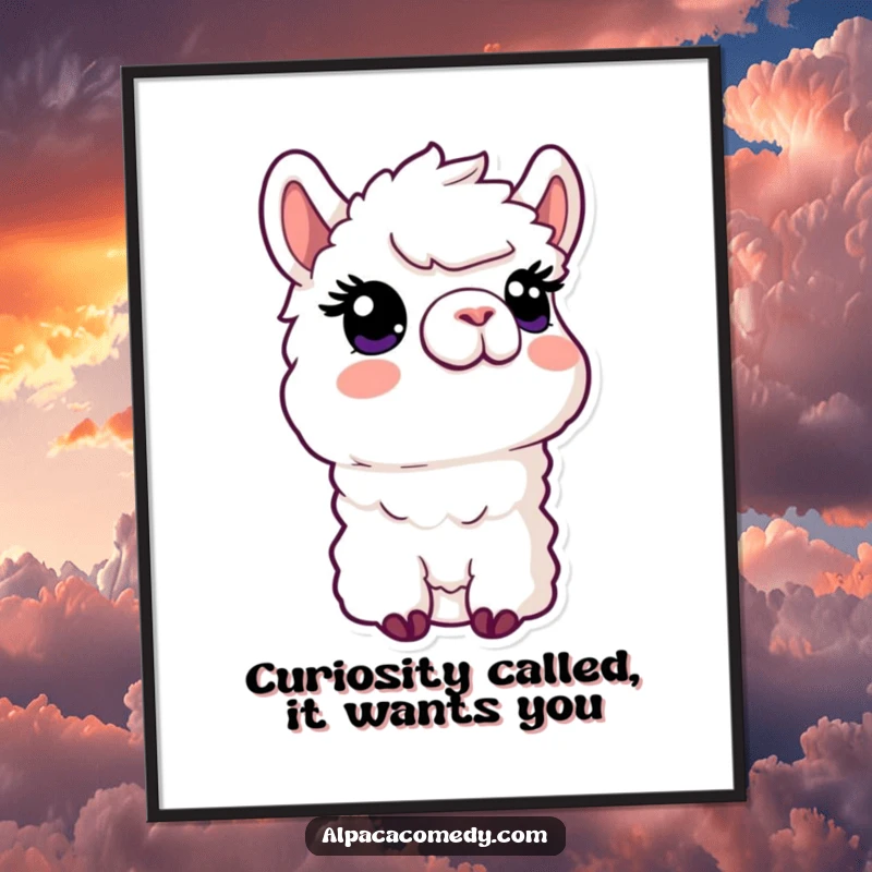 Funny Free Printable Wall Art of a kawaii alpaca with a curious expression, its eyes fixed upwards in wonder.