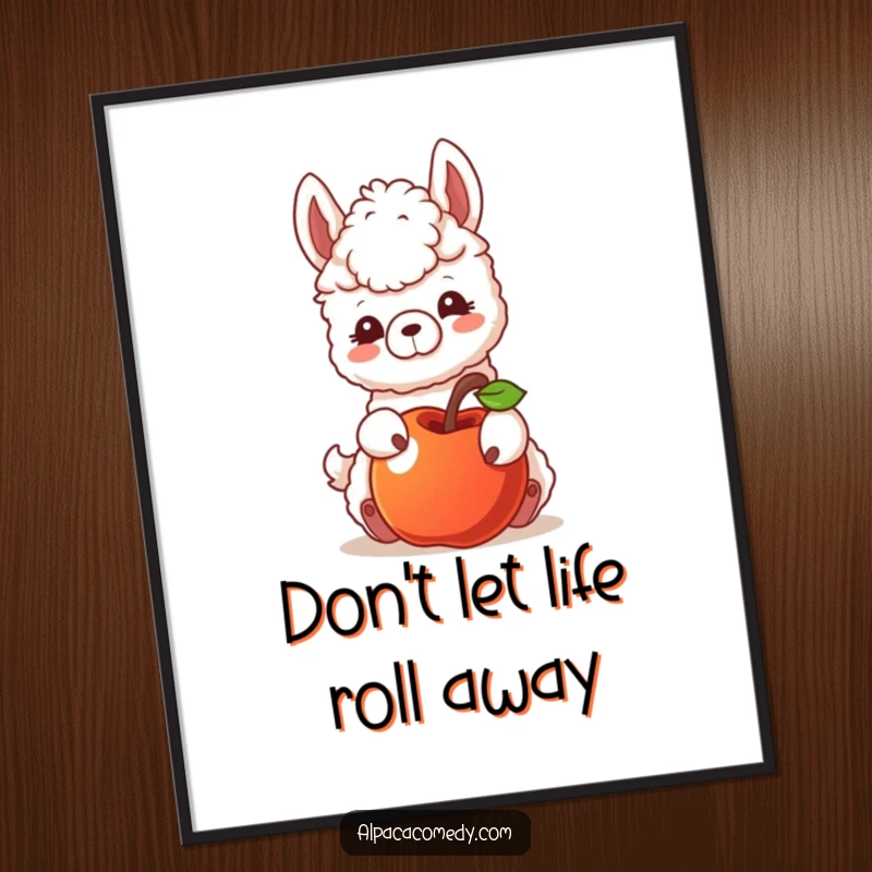 Funny Free Printable Wall Art: Cute alpaca playfully nudging a rolling apple with its snout, a whimsical and humorous piece of downloadable art.