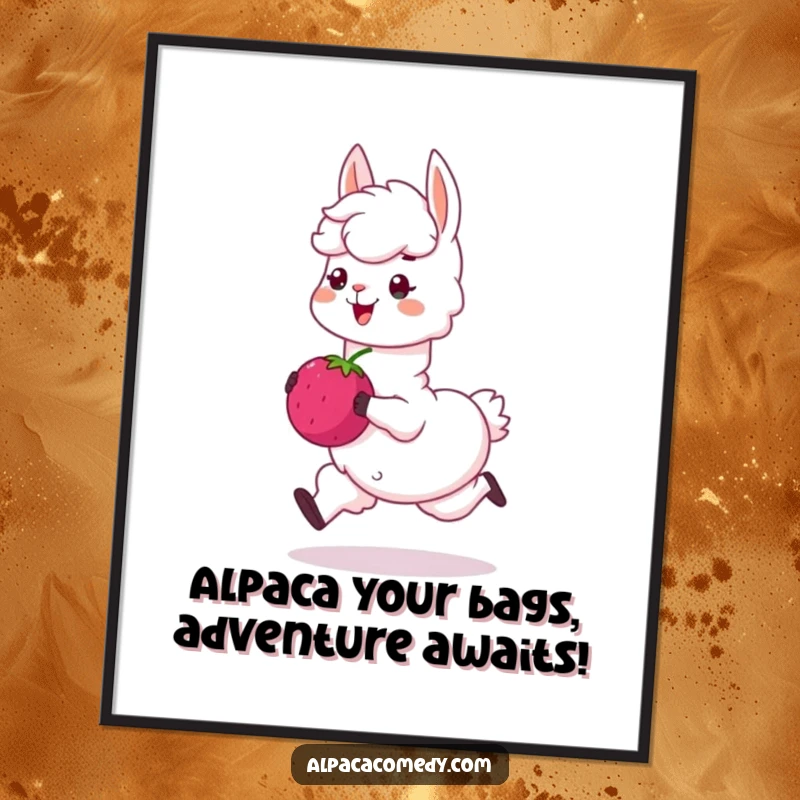 Funny Free Printable Alpaca Wall Art: A happy alpaca skips joyfully with a giant sweet berry. Whimsical downloadable decor.