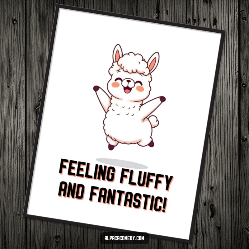 Funny Free Printable Alpaca Wall Art: Alpaca character jumping with joy and wool flying, conveying pure excitement, downloadable art.