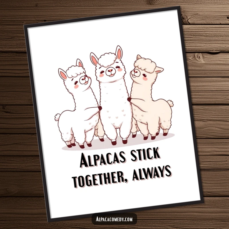 Funny Free Printable Alpaca Wall Art: A group of alpacas playfully nudging each other, creating a friendly atmosphere, downloadable art.