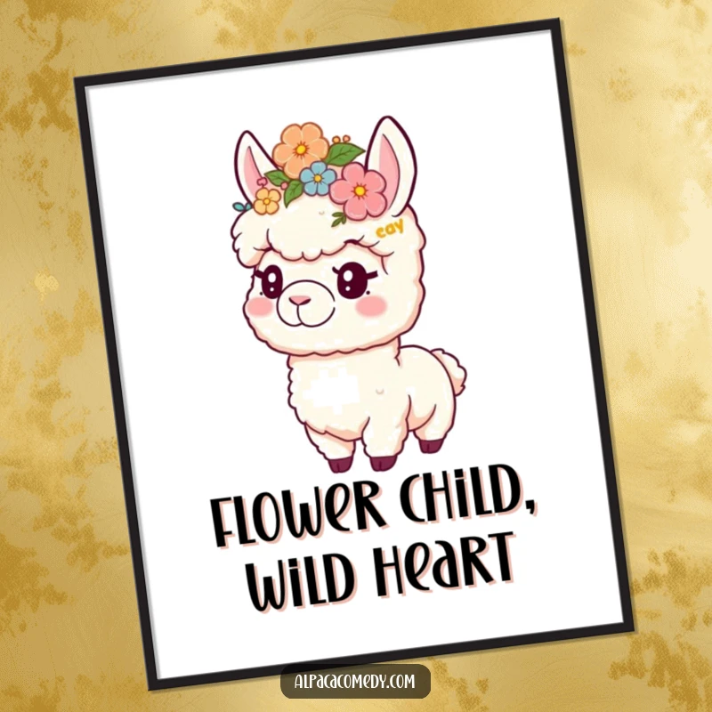 Free Printable Wall Art: A happy alpaca playfully wearing a vibrant flower crown, bringing a touch of whimsical beauty.