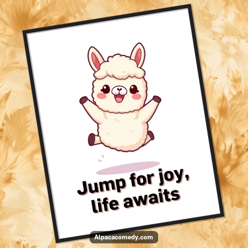 Funny Free Printable Wall Art of a kawaii alpaca joyfully leaping with its soft, woolly legs in mid-air.