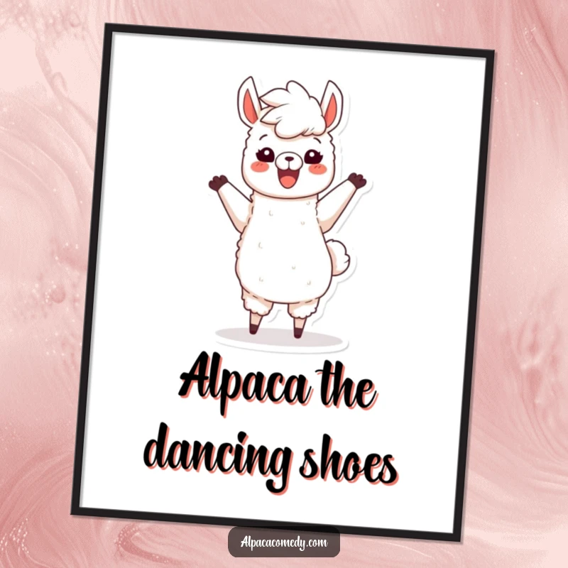 Funny Free Printable Wall Art: A joyous alpaca with a fluffy mane dancing with abandon, radiating happiness and humor.