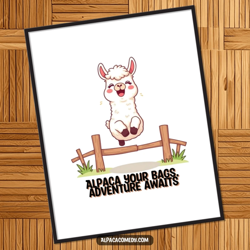 Funny Free Printable Wall Art: An excited alpaca mid-leap over a fence, radiating pure joy and adventurous spirit.