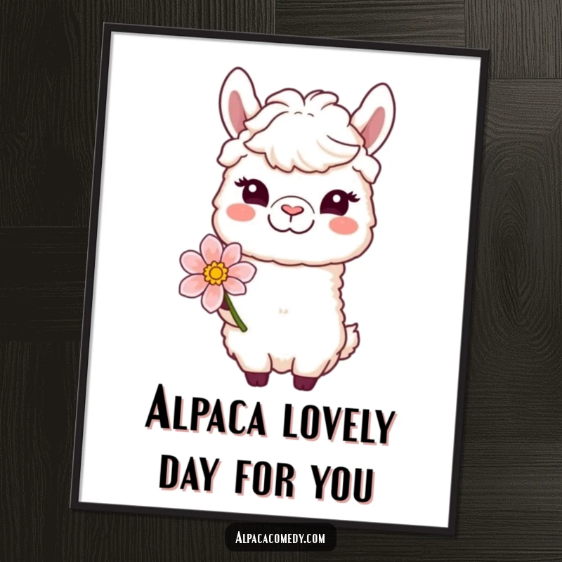 Funny Free Printable Wall Art: A smiling alpaca winks playfully while offering a delicate flower, creating a serene and humorous scene.