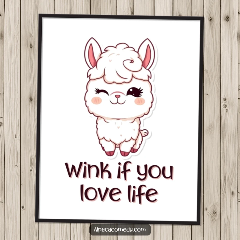 Funny Free Printable Wall Art of a kawaii alpaca winking mischievously with its long, dark eyelashes.