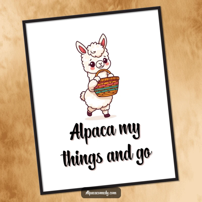 Funny Free Printable Alpaca Wall Art: A charming alpaca carrying a colorful basket, adding a touch of quirky humor to your decor, print at home.