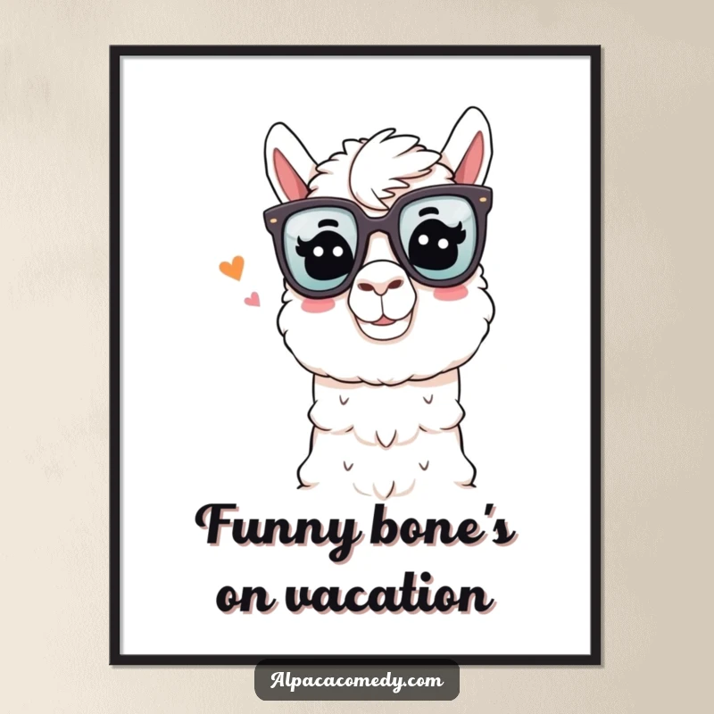 Funny Free Printable Wall Art of an alpaca charmingly telling a joke while wearing oversized comedy glasses and winking.