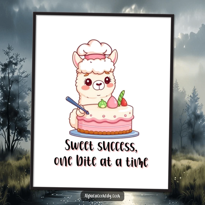 Funny Free Printable Chef Alpaca Wall Art: Playful alpaca in chef hat decorating a cake, perfect humorous downloadable decor for print-at-home.