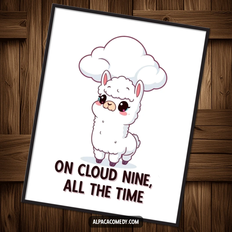 Funny Free Printable Alpaca Wall Art: Alpaca looking up at a cloud, creating a whimsical and humorous scene for print-at-home decor.