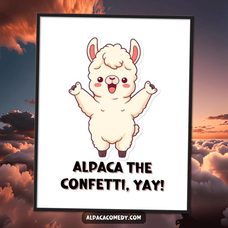 Funny Free Printable Wall Art: Energetic alpaca with both front legs raised, cheering enthusiastically, a humorous and uplifting piece of downloadable art.