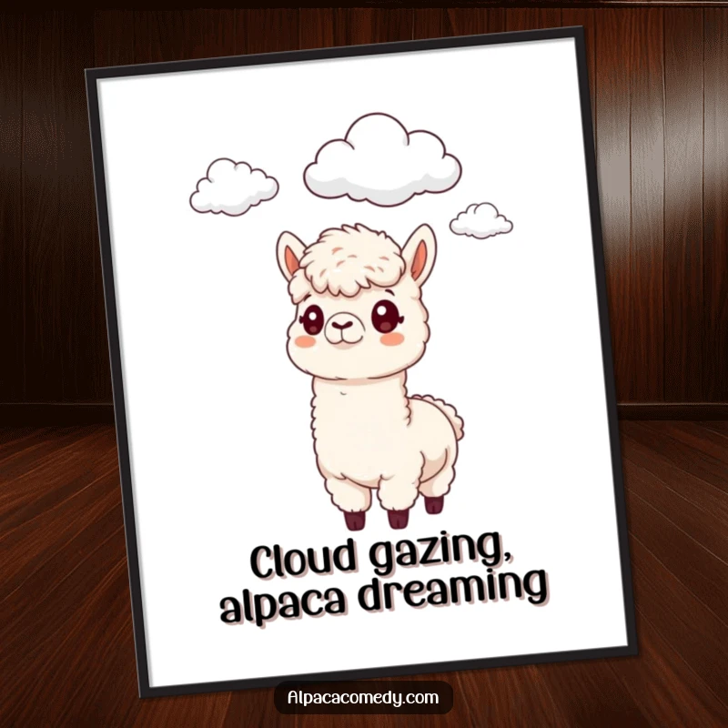 Funny Free Printable Wall Art: An alpaca curiously gazing at fluffy clouds above, bringing a sense of wonder and gentle humor to your space.