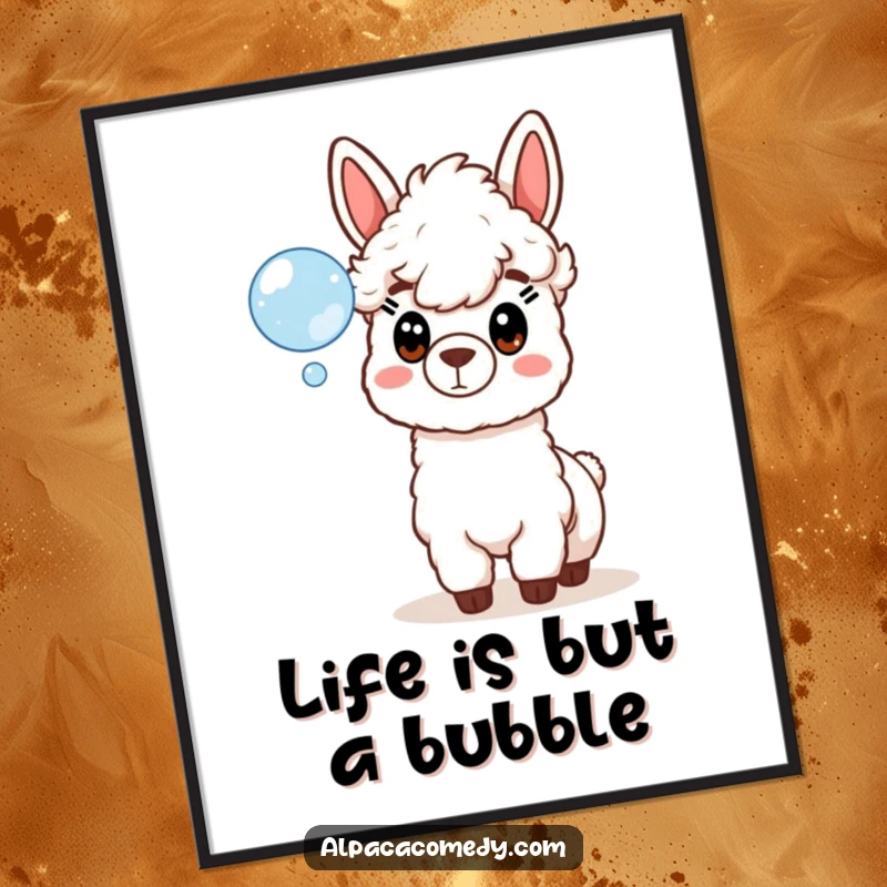 Funny Free Printable Wall Art: An alpaca character with a surprised expression observes a floating soap bubble, minimalist quirky art.