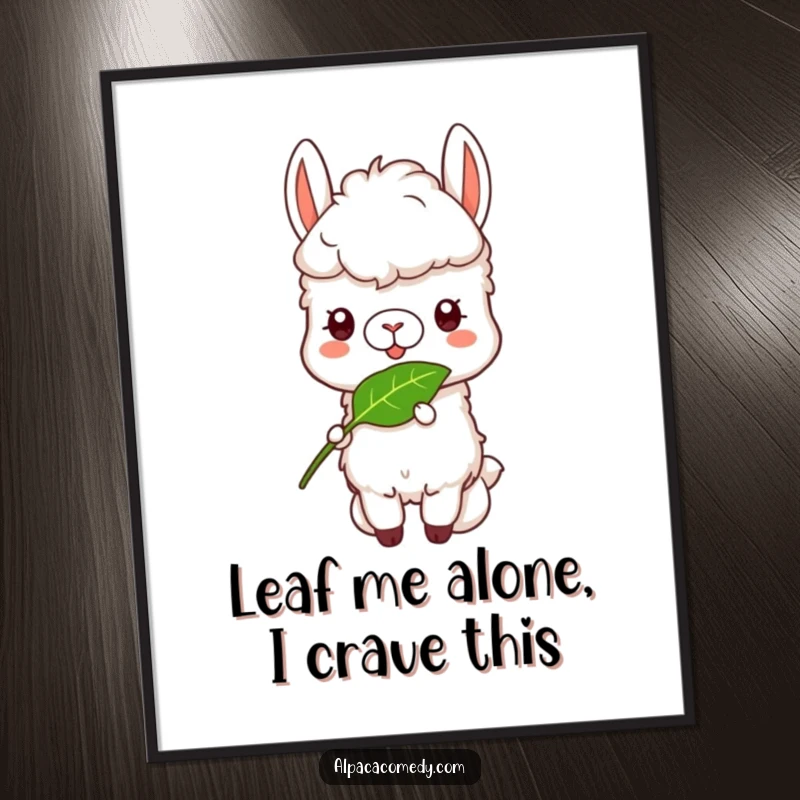 Funny Free Printable Wall Art: A serene alpaca happily focused on munching a flavorful leaf, adding peaceful humor to your decor.