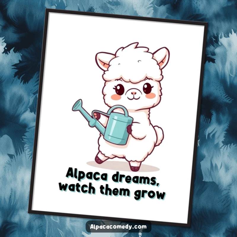 Funny Free Printable Wall Art: Grinning alpaca carrying a tiny watering can, tending to plants, a whimsical and humorous piece of downloadable garden art.