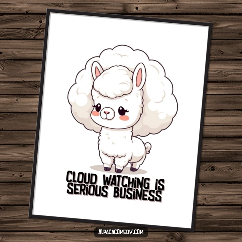 Funny Free Printable Wall Art: Kawaii alpaca gently nuzzling a massive, fluffy cloud, looking serene.