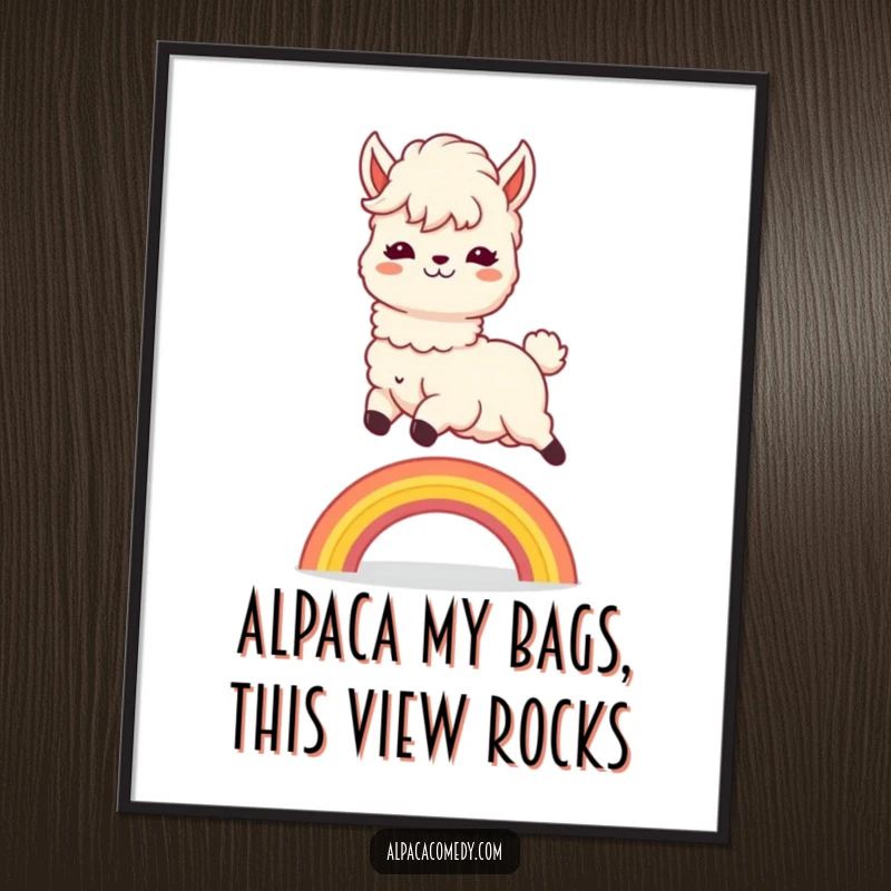 Funny Free Printable Wall Art: Kawaii alpaca gleefully leaping over a vibrant rainbow, mane flowing.