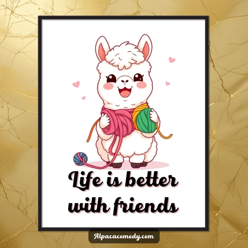 Funny Free Printable Wall Art: Kawaii alpaca enthusiastically sharing colorful yarn with happy friends.
