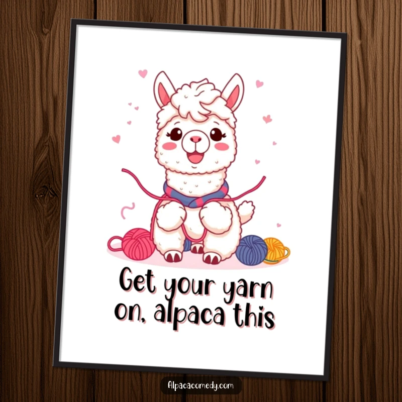 Free Printable Wall Art: Kawaii alpaca with a warm smile, enthusiastically sharing colorful yarn with friends, promoting connection.